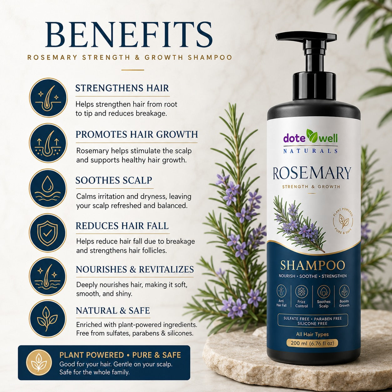 Dotewell Naturals Rosemary Strength & Growth Shampoo | Nourish, Soothe & Strengthen | 200ml